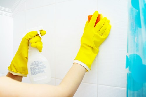 Technician treating a pet stain on stairs in a SW11 home