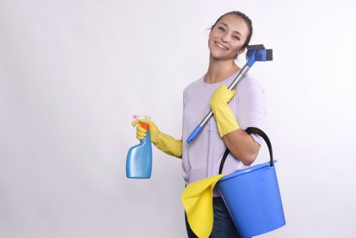 Staff training scene for cleaners in SW11 with cleaning equipment and procedures